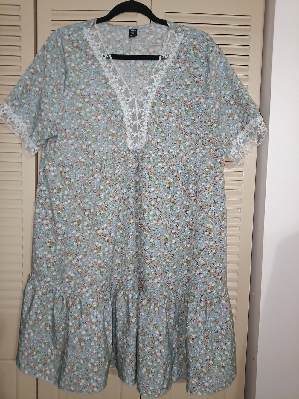SHEIN Light Blue Floral Lace-Trim Midi Dress